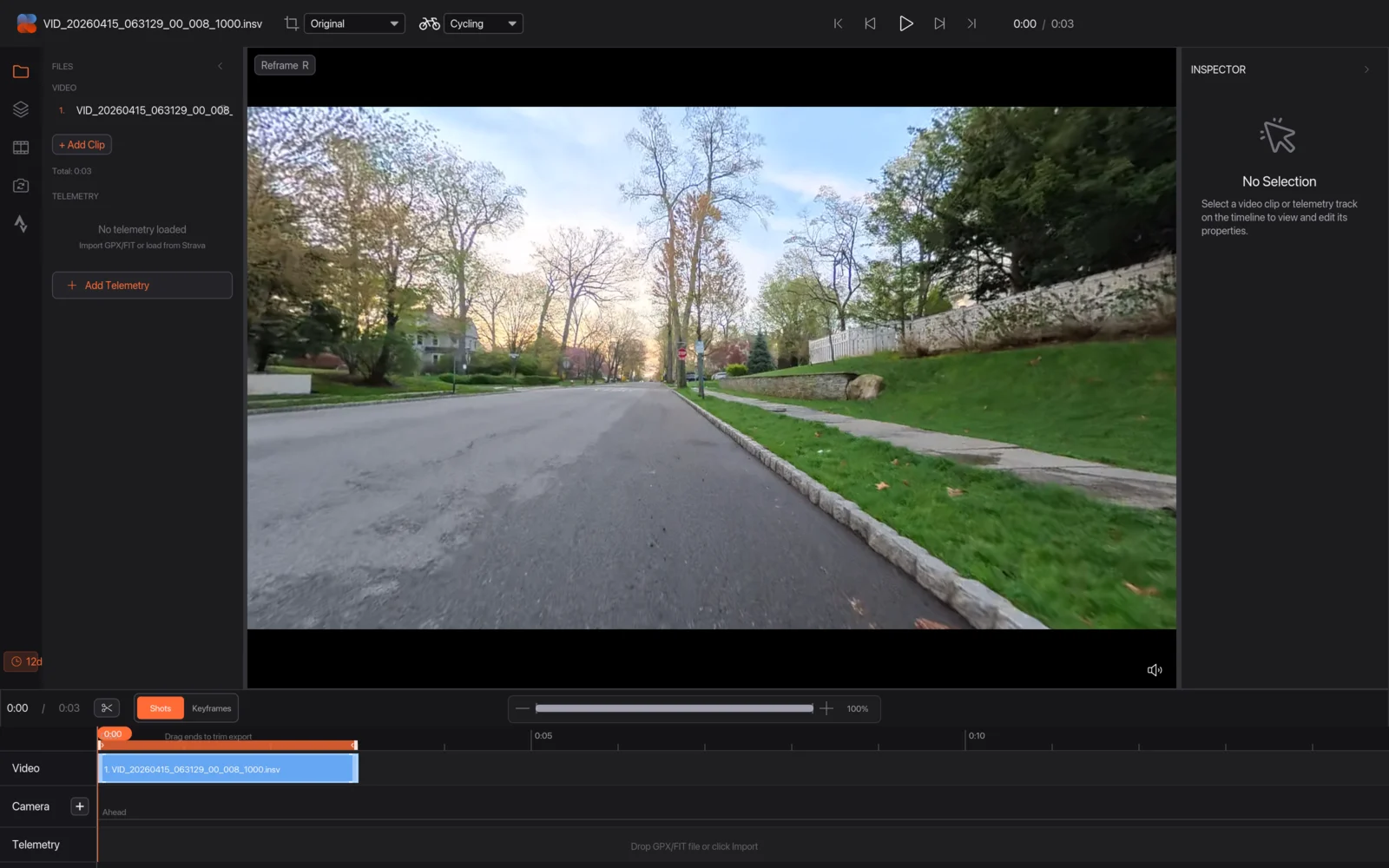 An Insta360 recording open in the editor, with the Reframe button, the Moves tab and the Camera lane highlighted
