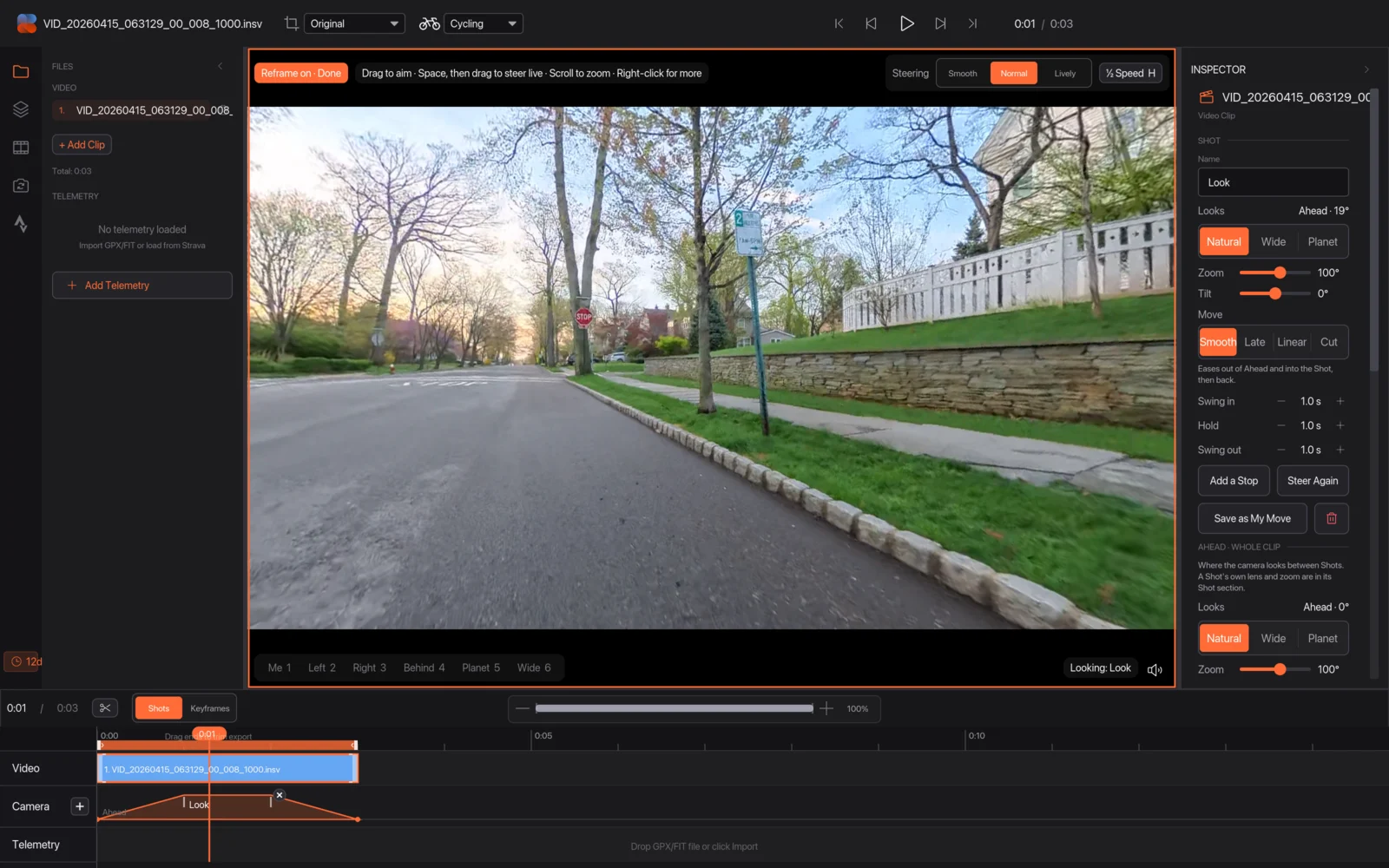 Reframe mode on, with the view buttons and a new Shot on the Camera lane highlighted
