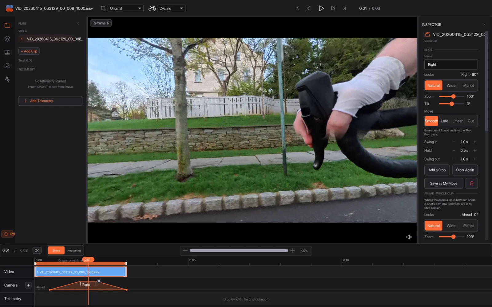 A Right Shot on the Camera lane and its settings in the Inspector, both highlighted
