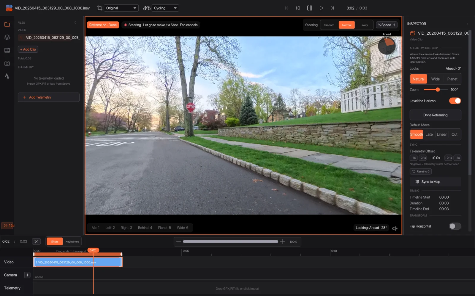 Steering the camera while the video plays, with the steering message and options highlighted