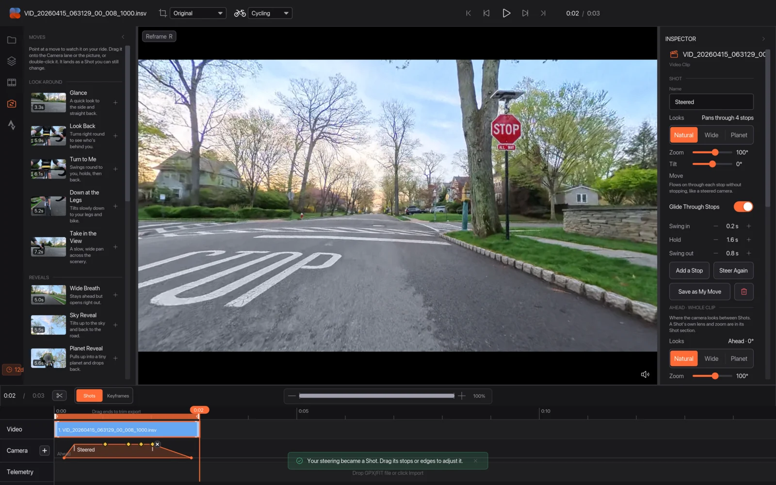 The Moves tab with the Glance move and the Camera lane highlighted