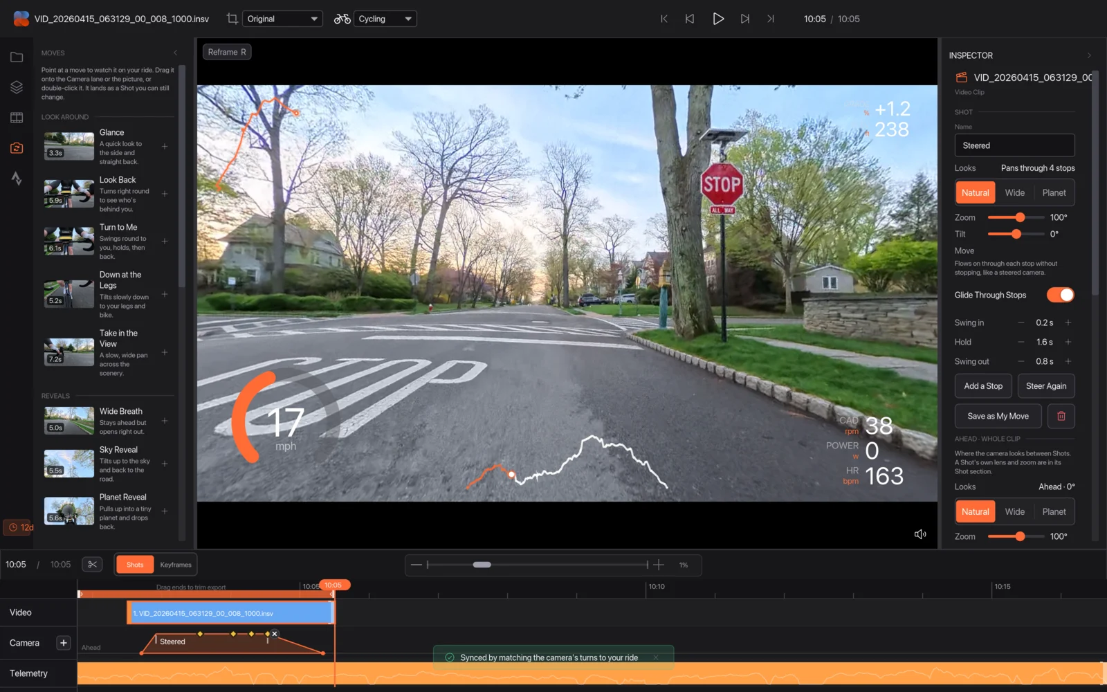The 360 clip synced with the ride, with the sync message and the speed, cadence, power and heart rate overlays highlighted
