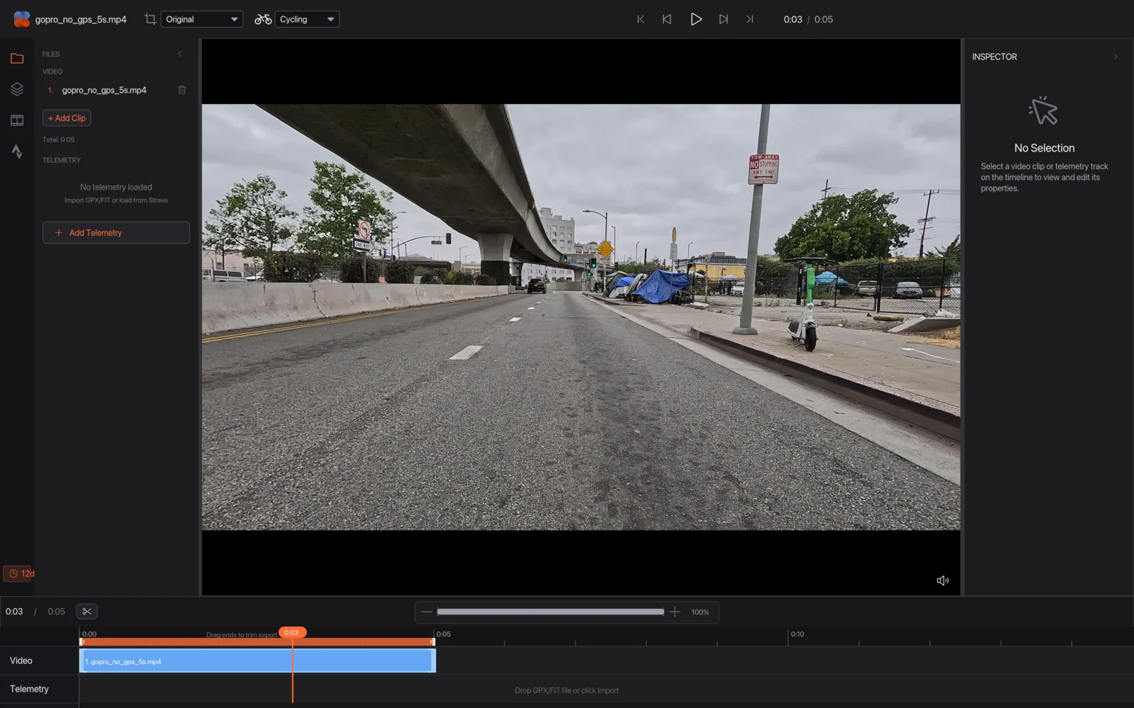 The editor with a video open and no telemetry, with the Add Telemetry button and the empty Telemetry row highlighted