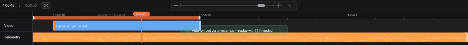 The timeline with the message Auto-synced via timestamps highlighted