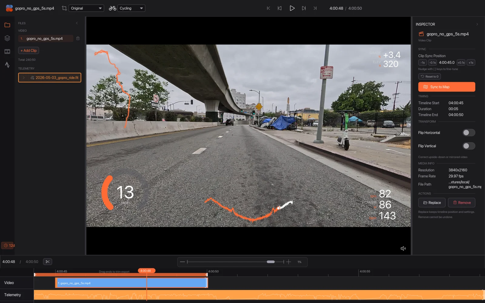 The clip selected in the Files tab, with its sync position and the Sync to Map button highlighted in the Inspector