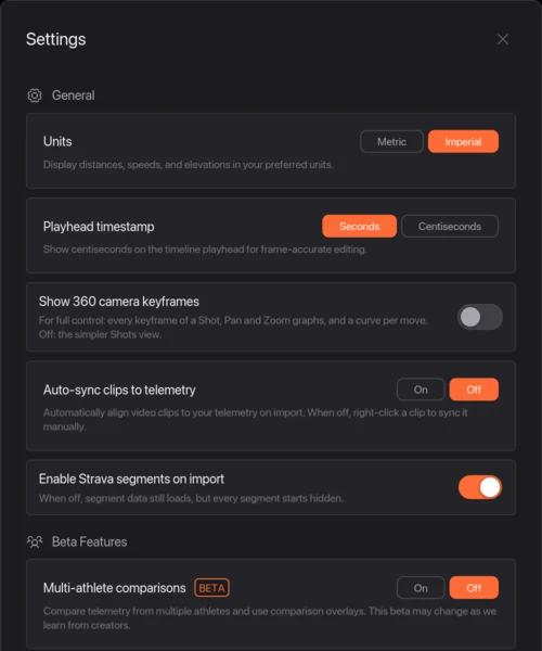 Settings with the Auto-sync clips to telemetry option highlighted