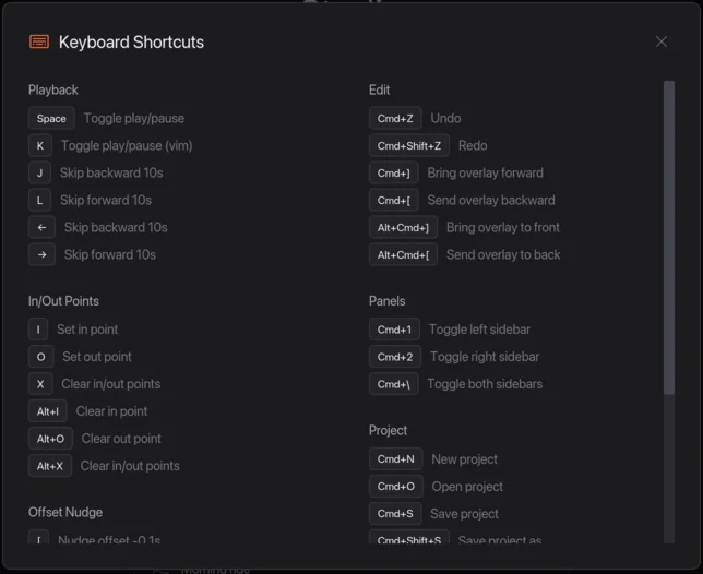 The Keyboard Shortcuts window in Telemetry Studio