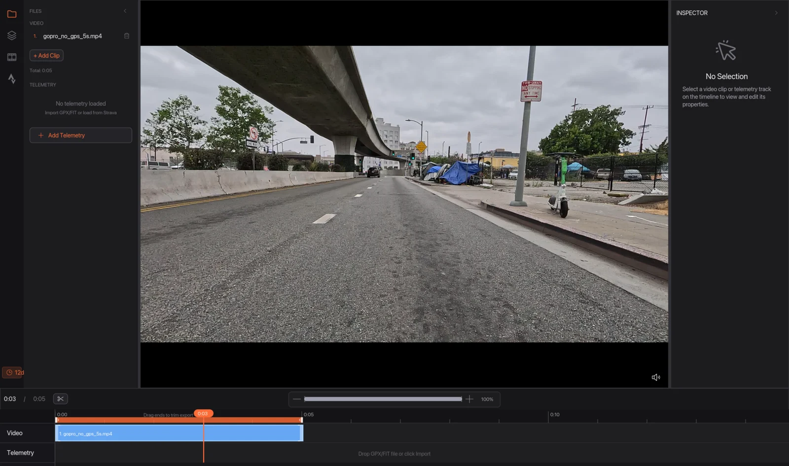 The editor with a video open and no telemetry yet, with Add Telemetry and the empty Telemetry row highlighted