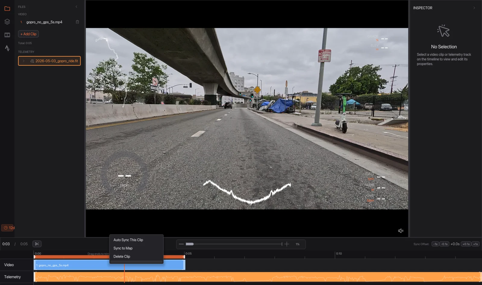 The ride file listed under Telemetry and the clip's right-click menu with Auto Sync This Clip highlighted