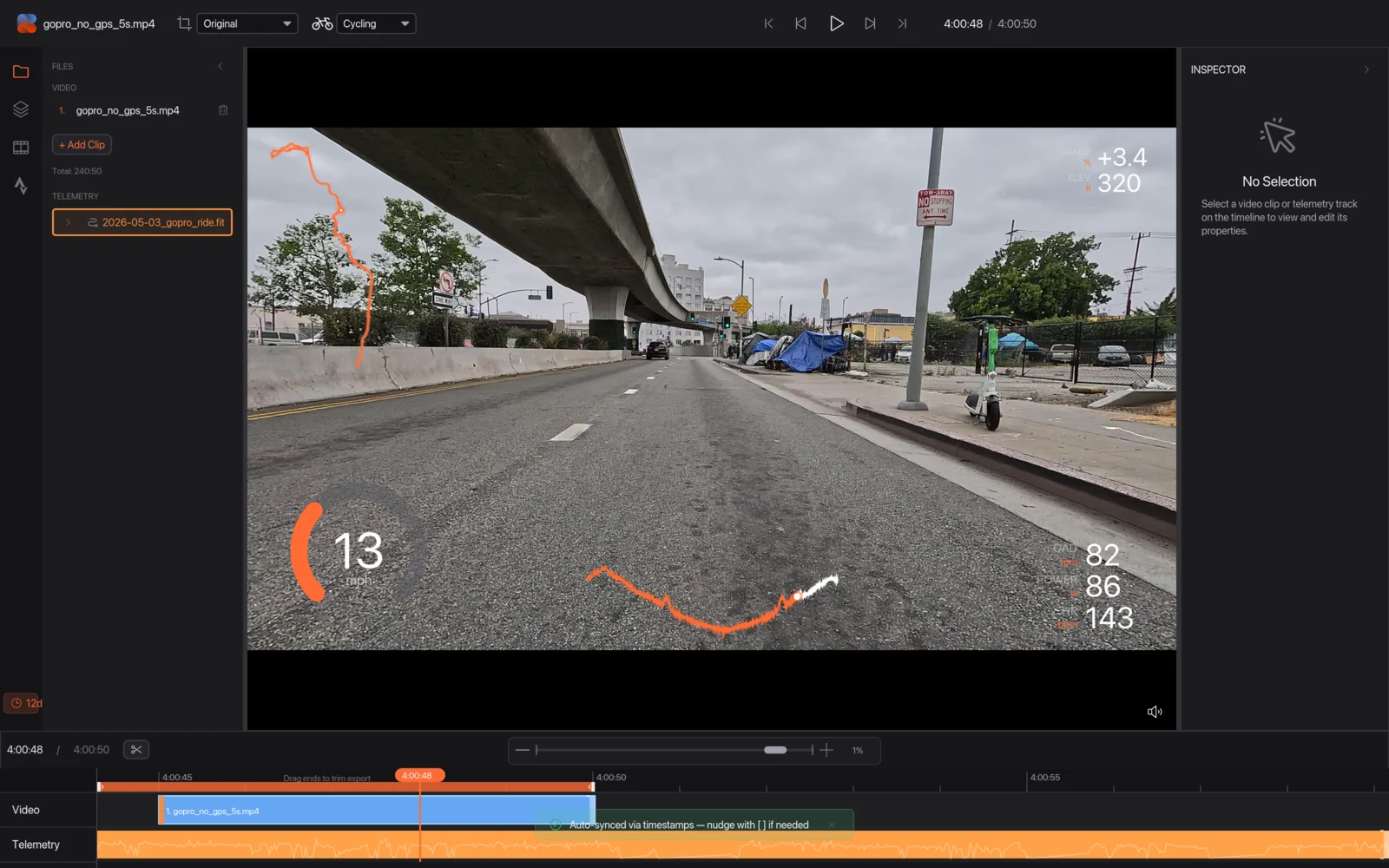 The clip synced with the ride, with the confirmation message and the speed, cadence, power and heart rate overlays highlighted