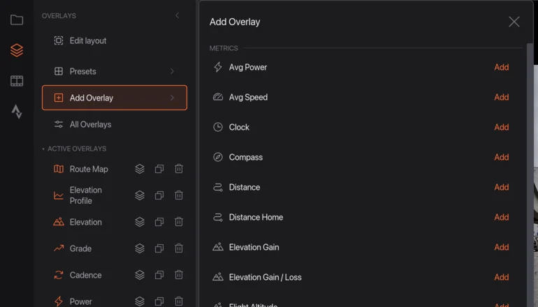 The Add Overlay list open next to the Overlays tab, with Avg Speed highlighted