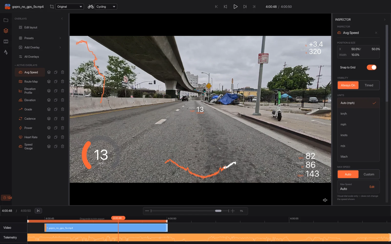 Avg Speed added to the Active Overlays list and shown in the middle of the video, with its settings in the Inspector