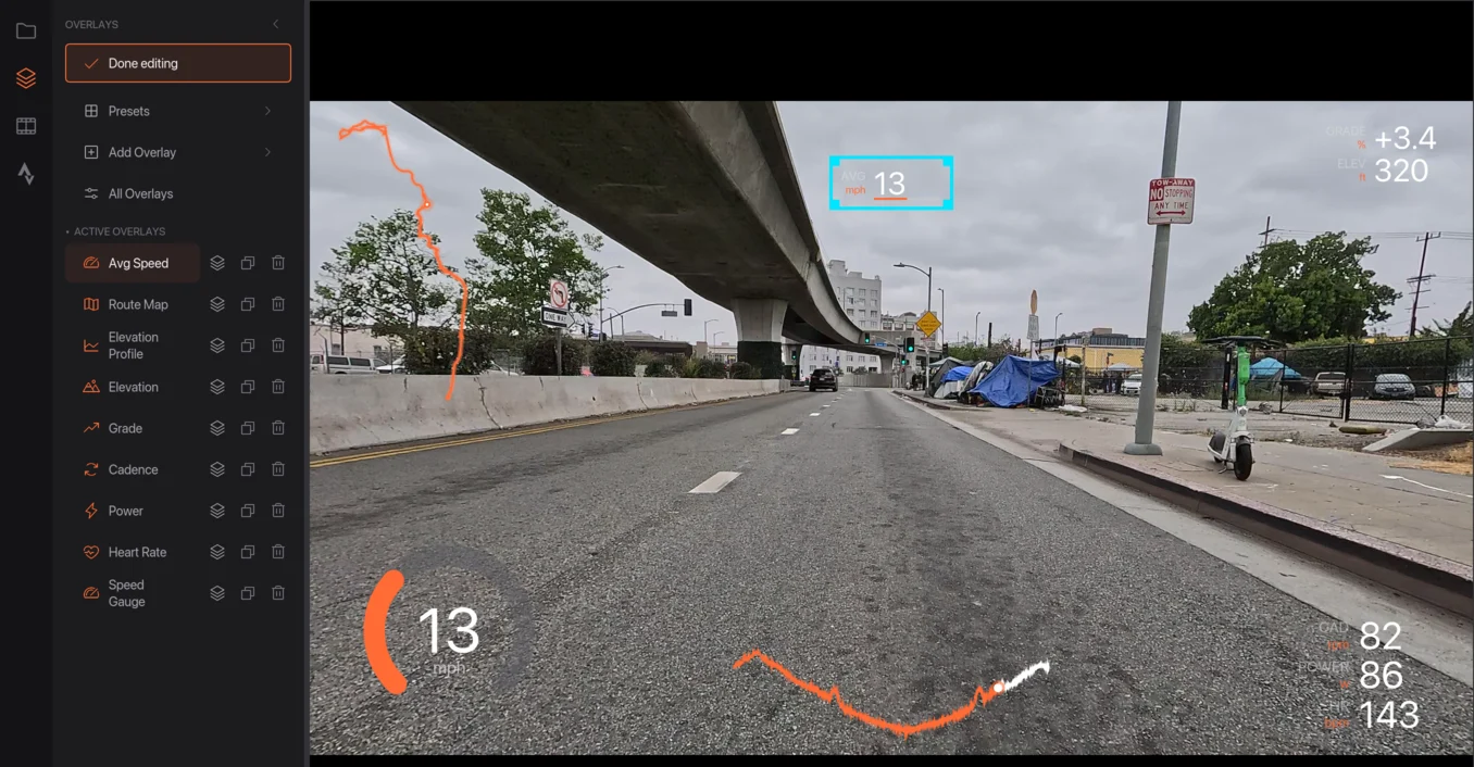 Edit layout turned on, with the Avg Speed overlay dragged to the top of the video