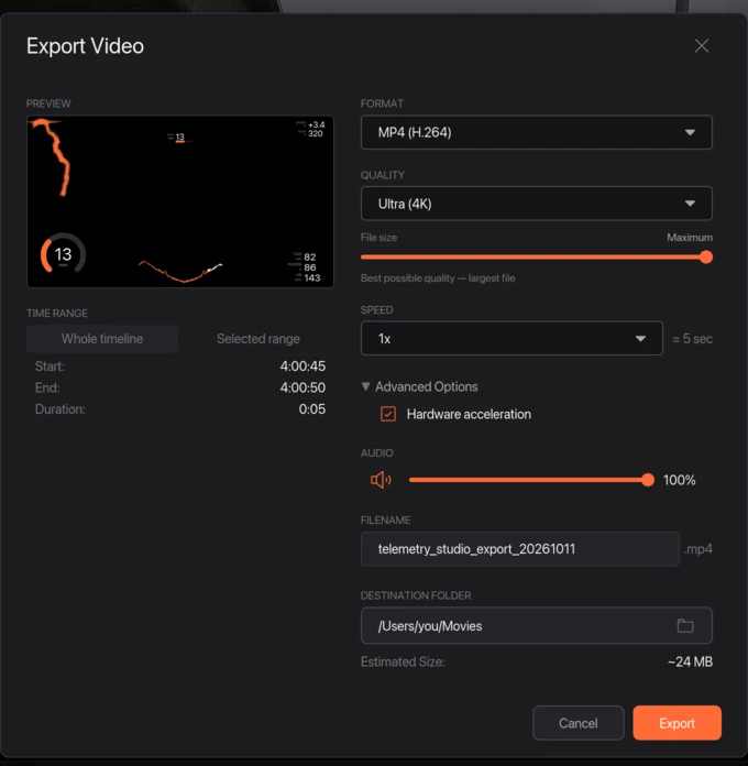 The Export Video window with Format, Quality and the Export button highlighted