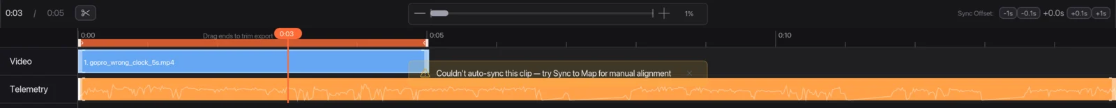 The timeline with the message Couldn't auto-sync this clip, try Sync to Map highlighted