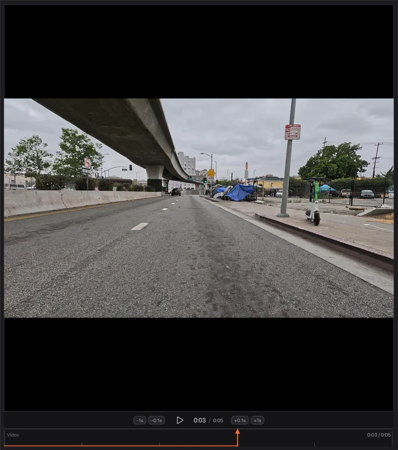 The video side of the Sync to Map window, with the scrub strip and playback buttons highlighted