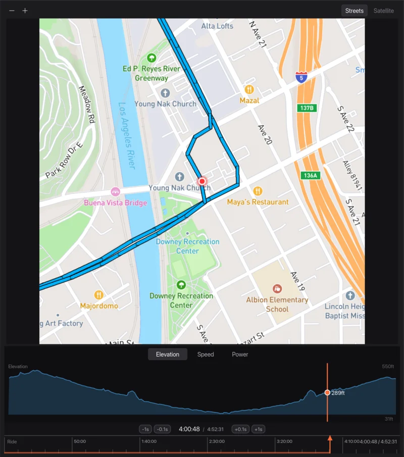 The map side of the Sync to Map window, zoomed in on the route with the chosen point highlighted