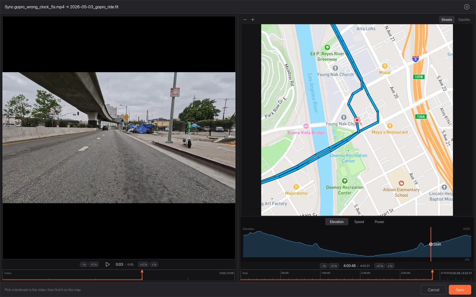 The whole Sync to Map window, with the video on the left, the zoomed map on the right and the Sync button highlighted