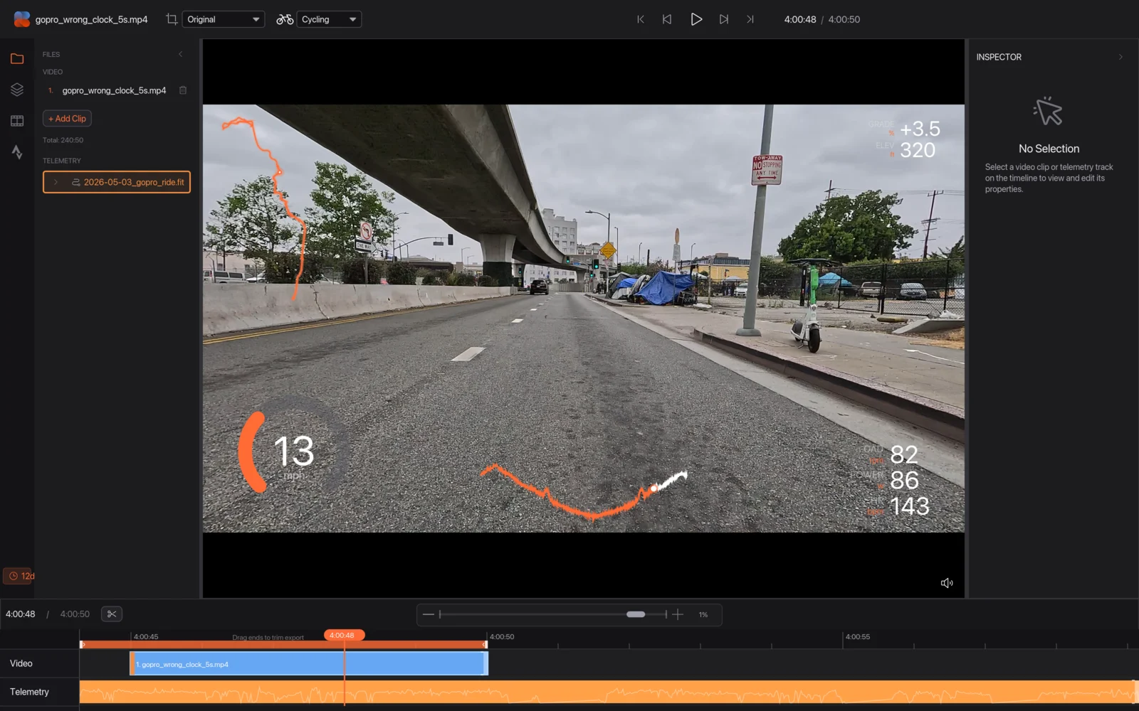 The video playing after syncing, with speed, cadence, power and heart rate overlays highlighted